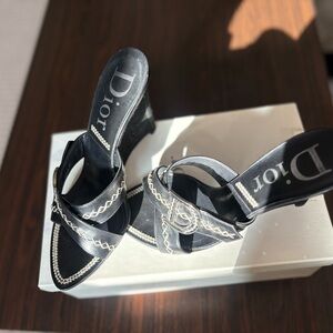 Dior Black Heeled Sandals with White Stitching